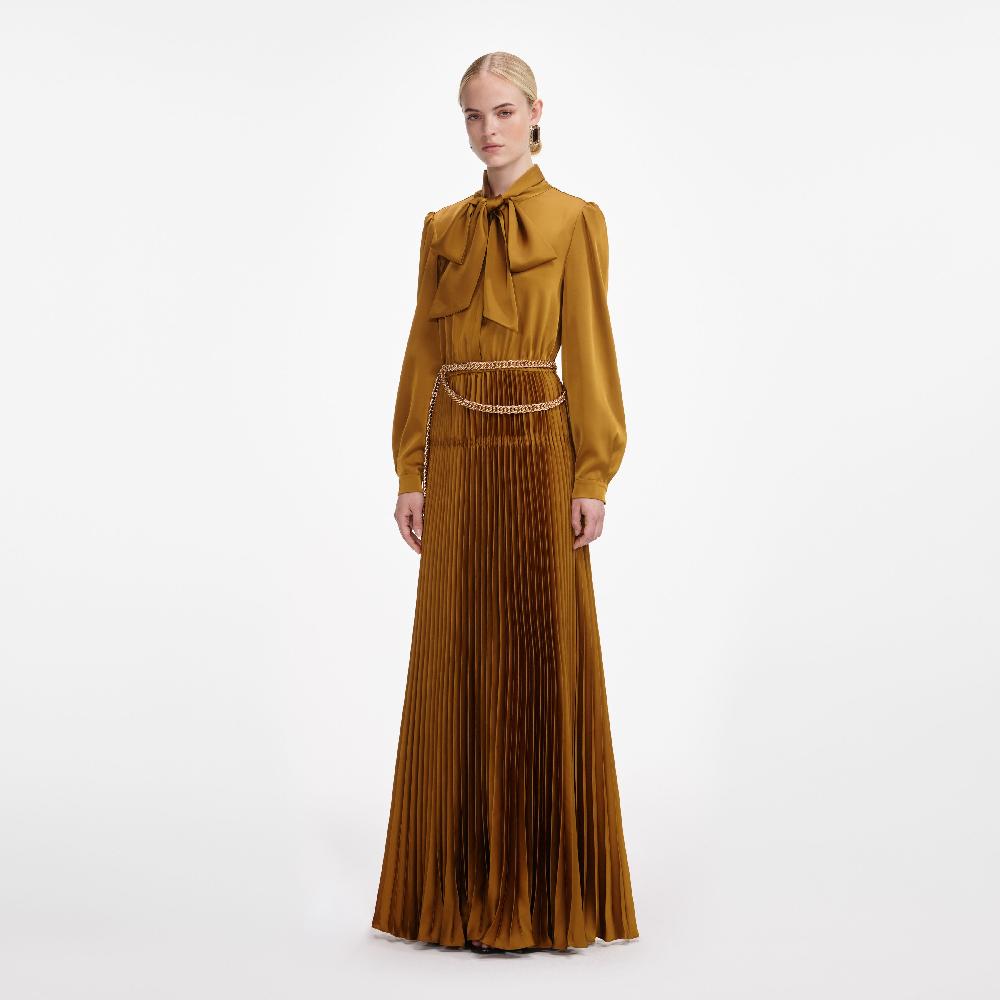 Self Portrait Bronze Satin Tie Neck Maxi Dress CLOTHING