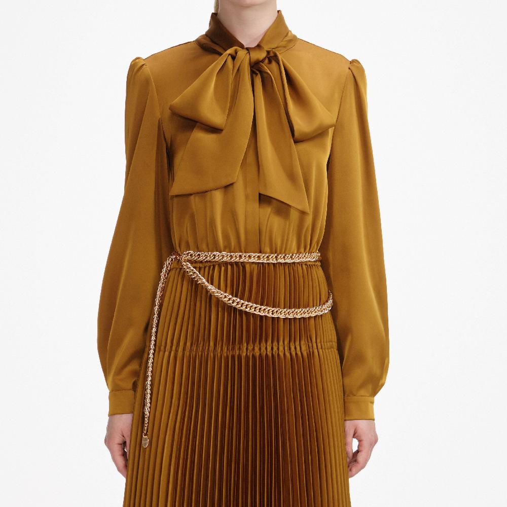 Self Portrait Bronze Satin Tie Neck Maxi Dress CLOTHING