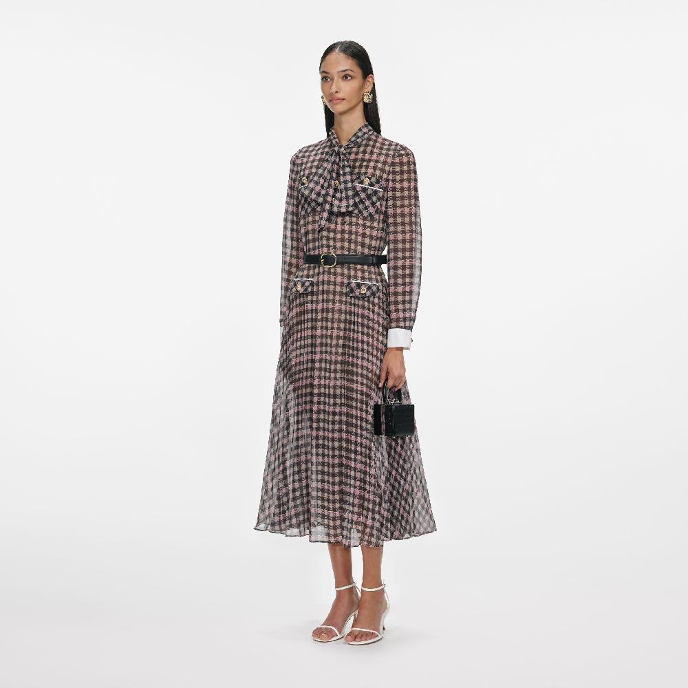 Self Portrait Brown Check Chiffon Midi Dress CLOTHING