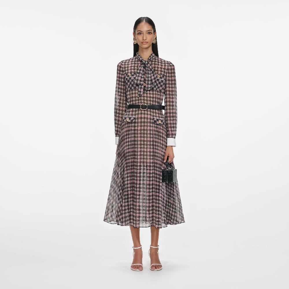 Self Portrait Brown Check Chiffon Midi Dress CLOTHING