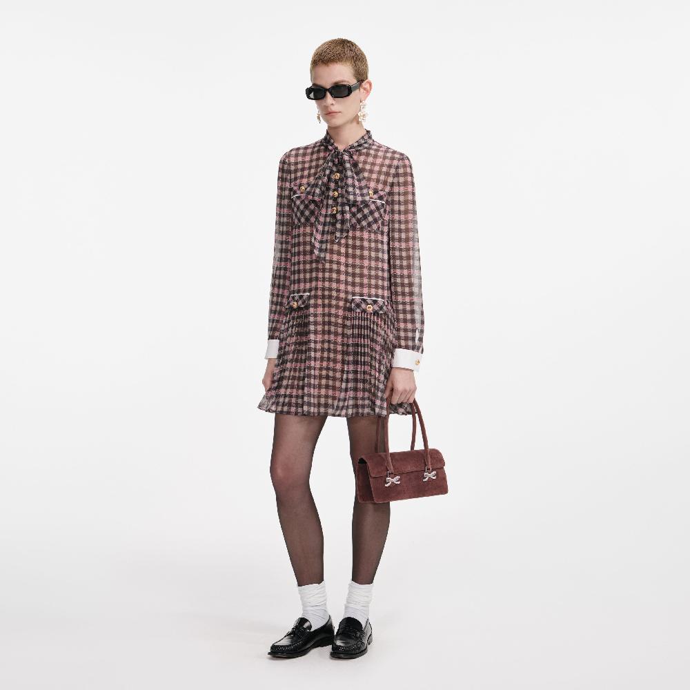 Self Portrait Brown Check Chiffon Mini Dress CLOTHING