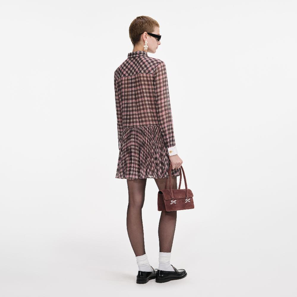 Self Portrait Brown Check Chiffon Mini Dress CLOTHING