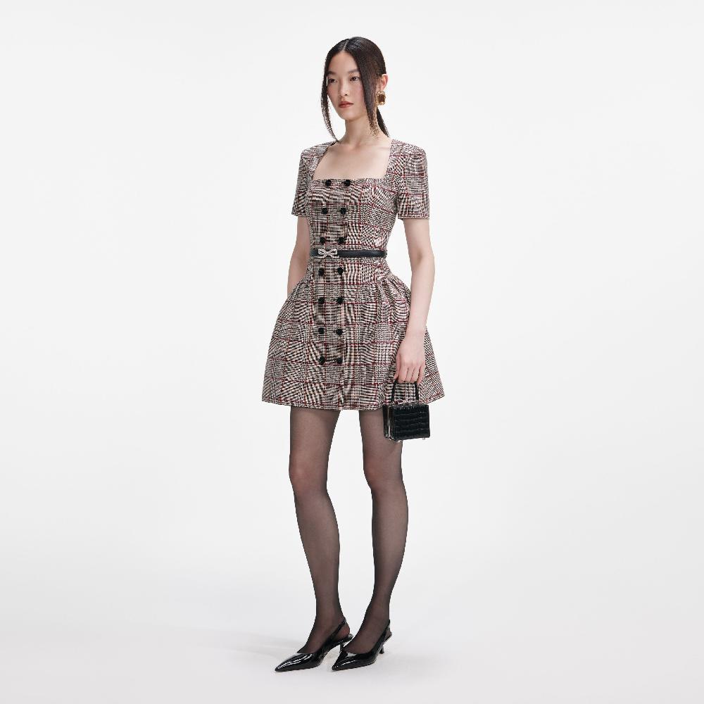 Self Portrait Brown Check Short Sleeve Mini Dress CLOTHING