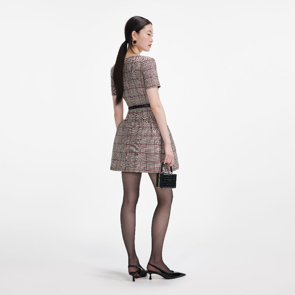 Self Portrait Brown Check Short Sleeve Mini Dress CLOTHING