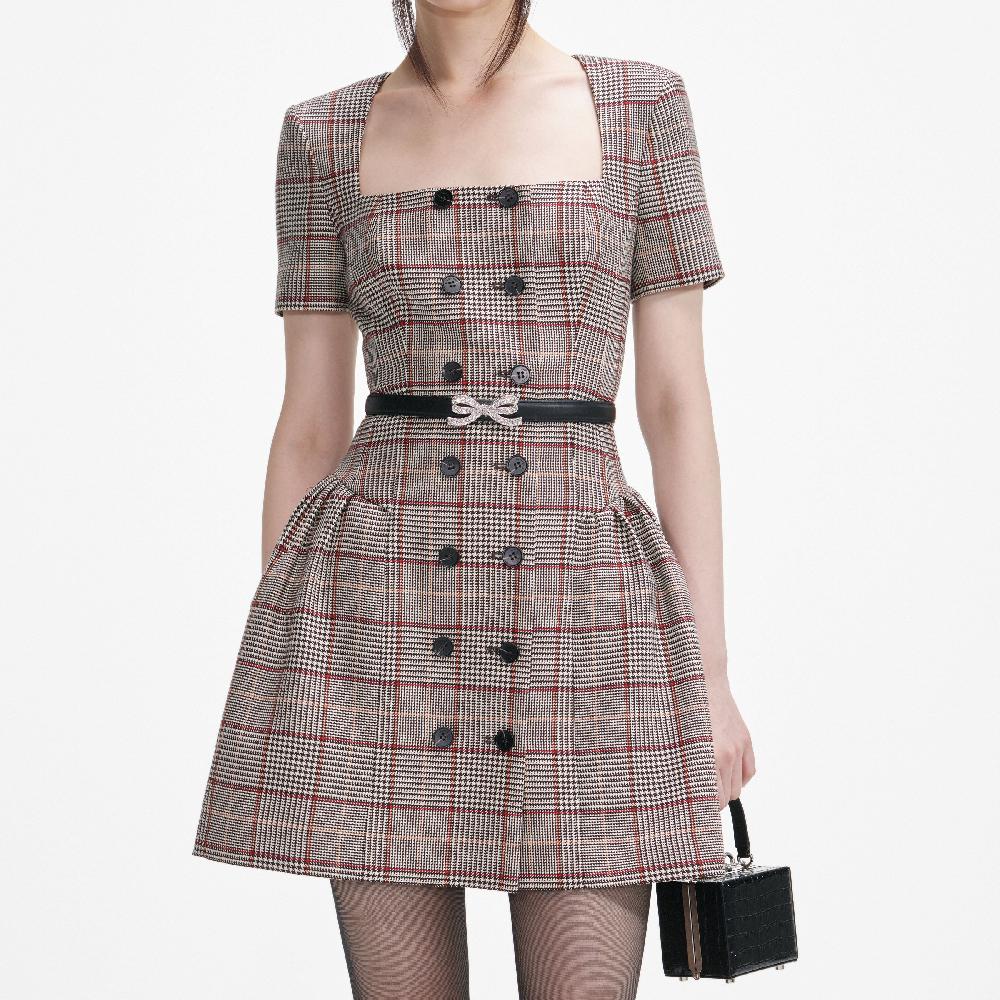 Self Portrait Brown Check Short Sleeve Mini Dress CLOTHING