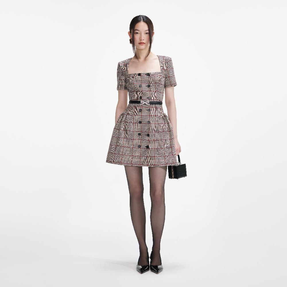 Self Portrait Brown Check Short Sleeve Mini Dress CLOTHING