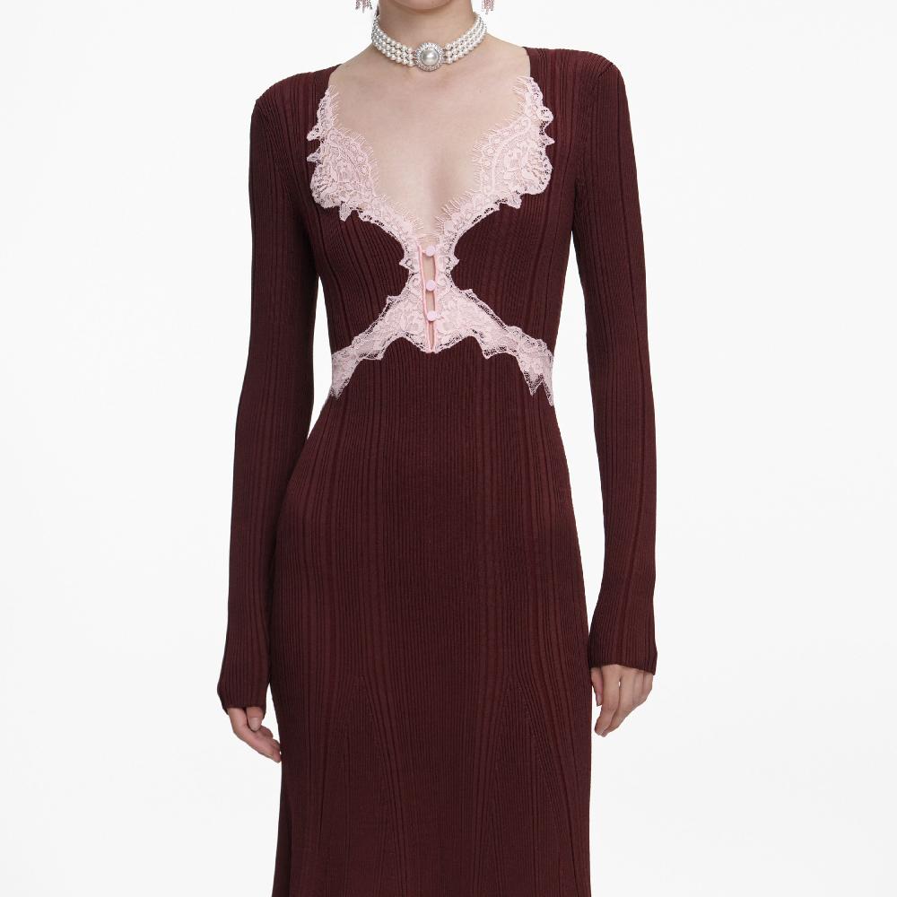 Self Portrait Brown Contrast Lace Knit Midi Dress CLOTHING