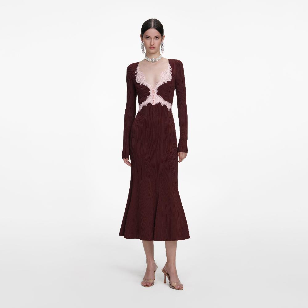 self portrait Brown Contrast Lace Knit Midi Dress CLOTHING
