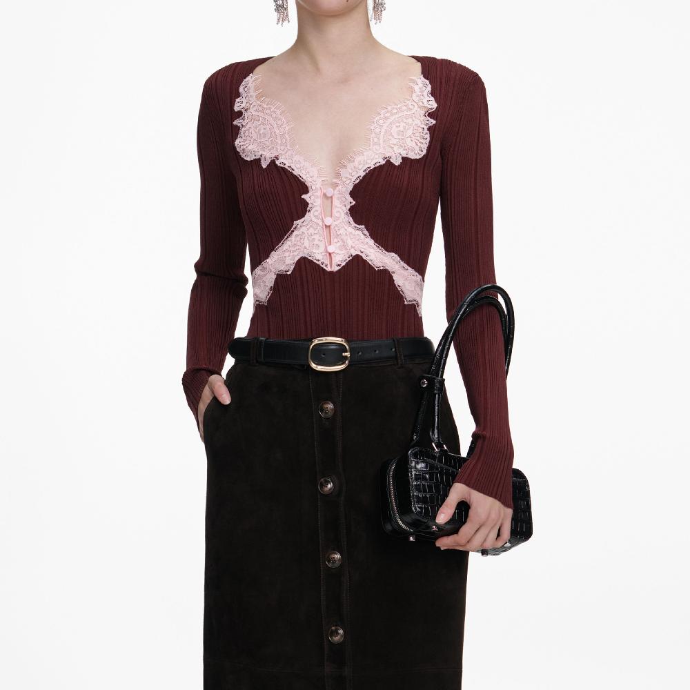 Self Portrait Brown Contrast Lace Knit Top CLOTHING