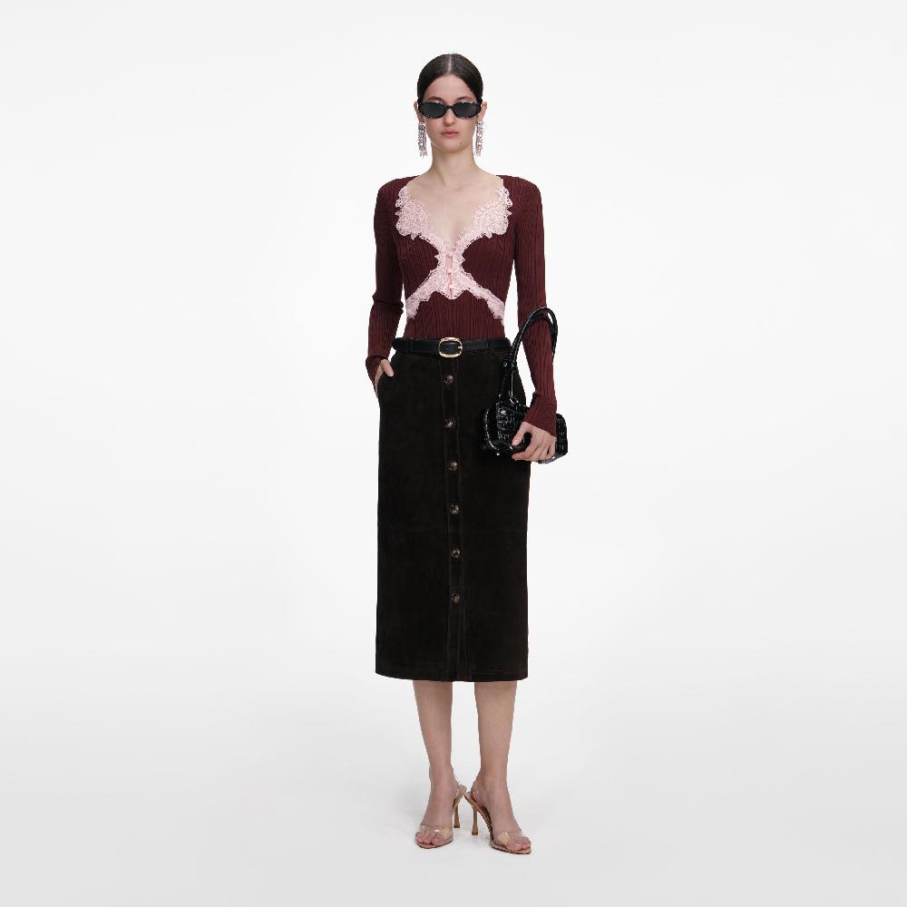 self portrait Brown Contrast Lace Knit Top CLOTHING