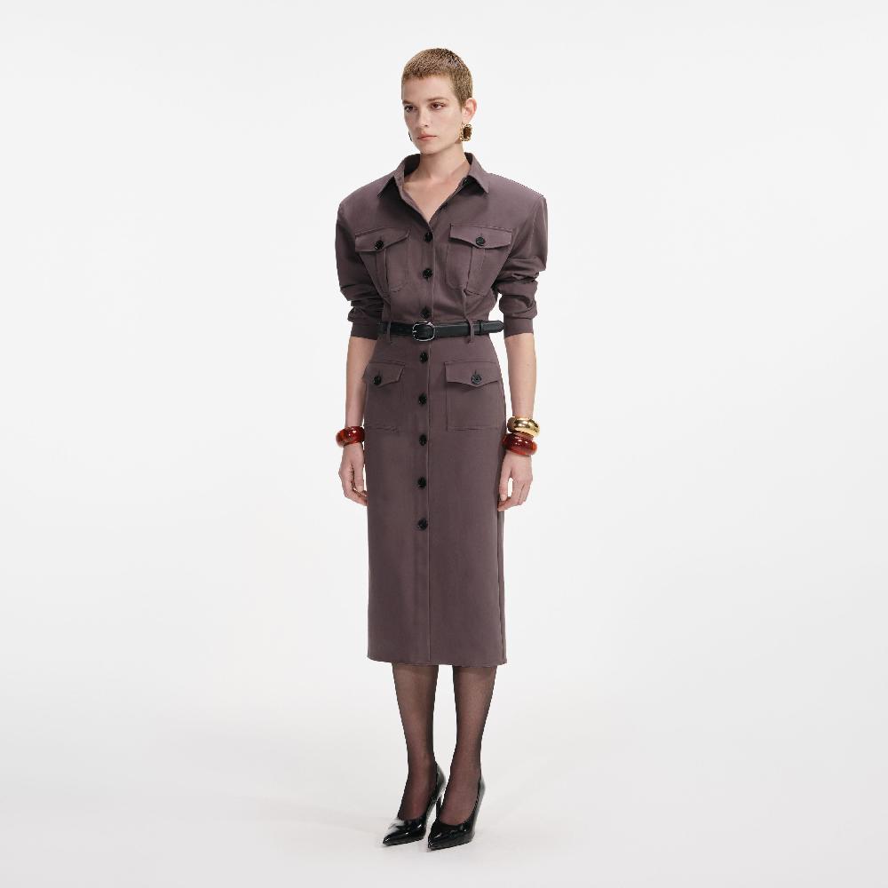 Self Portrait Brown Cotton Belted Midi Dress CLOTHING