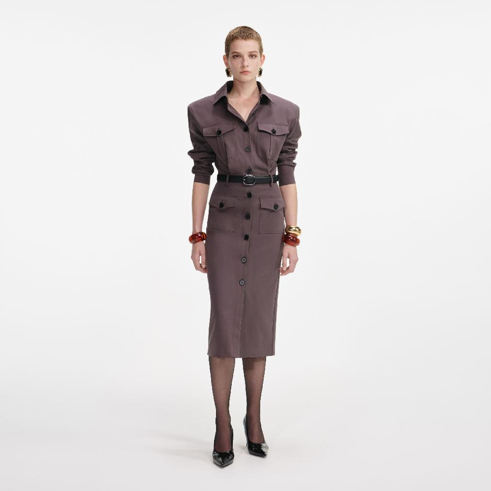 Self Portrait Brown Cotton Belted Midi Dress CLOTHING