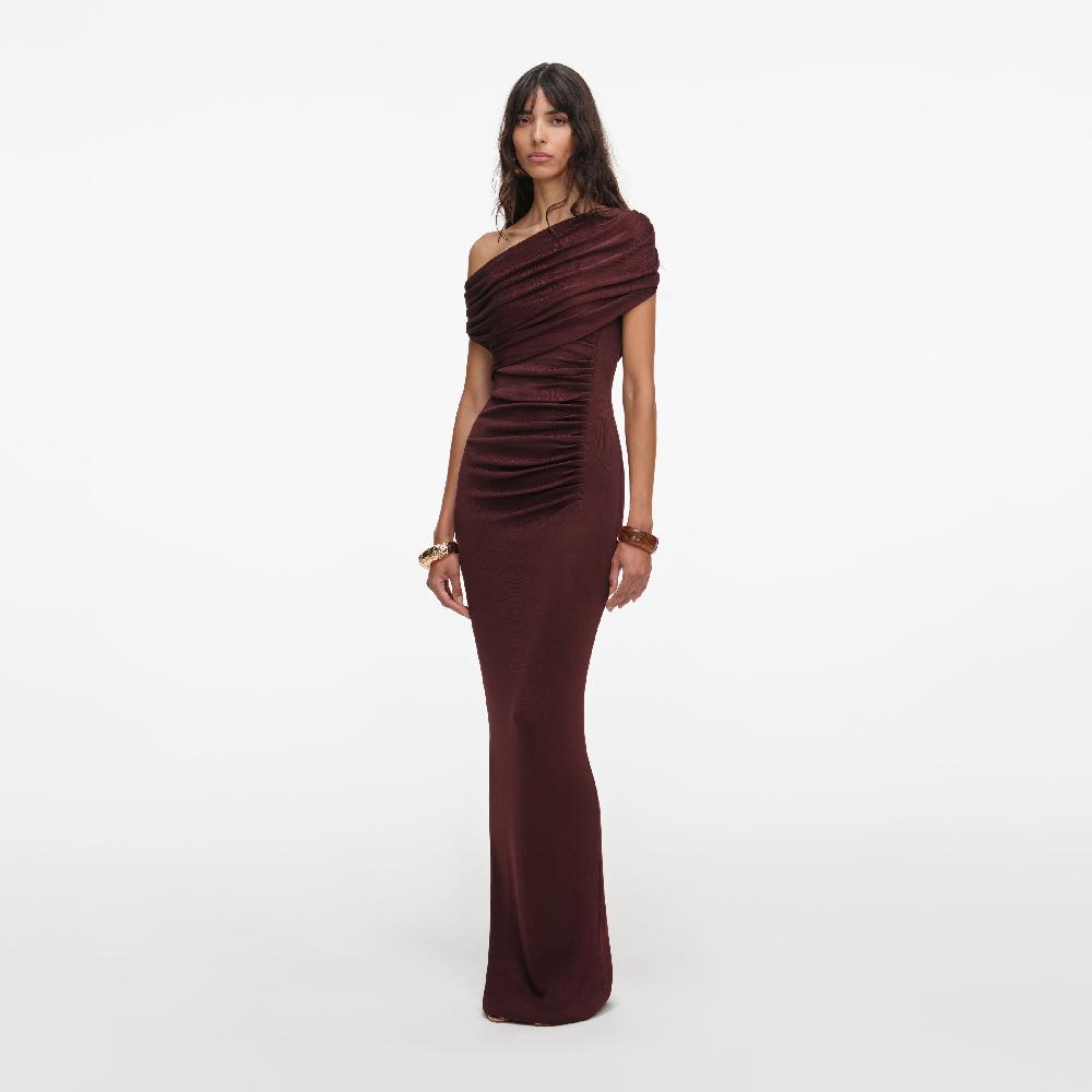 Self Portrait Brown Draped Knit Midi Dress CLOTHING