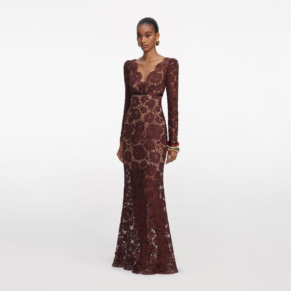 Self Portrait Brown Floral Lace Maxi Dress CLOTHING