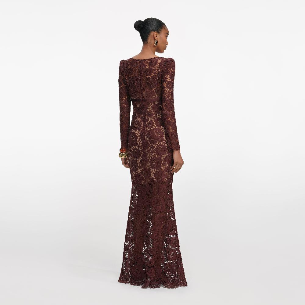 Self Portrait Brown Floral Lace Maxi Dress CLOTHING
