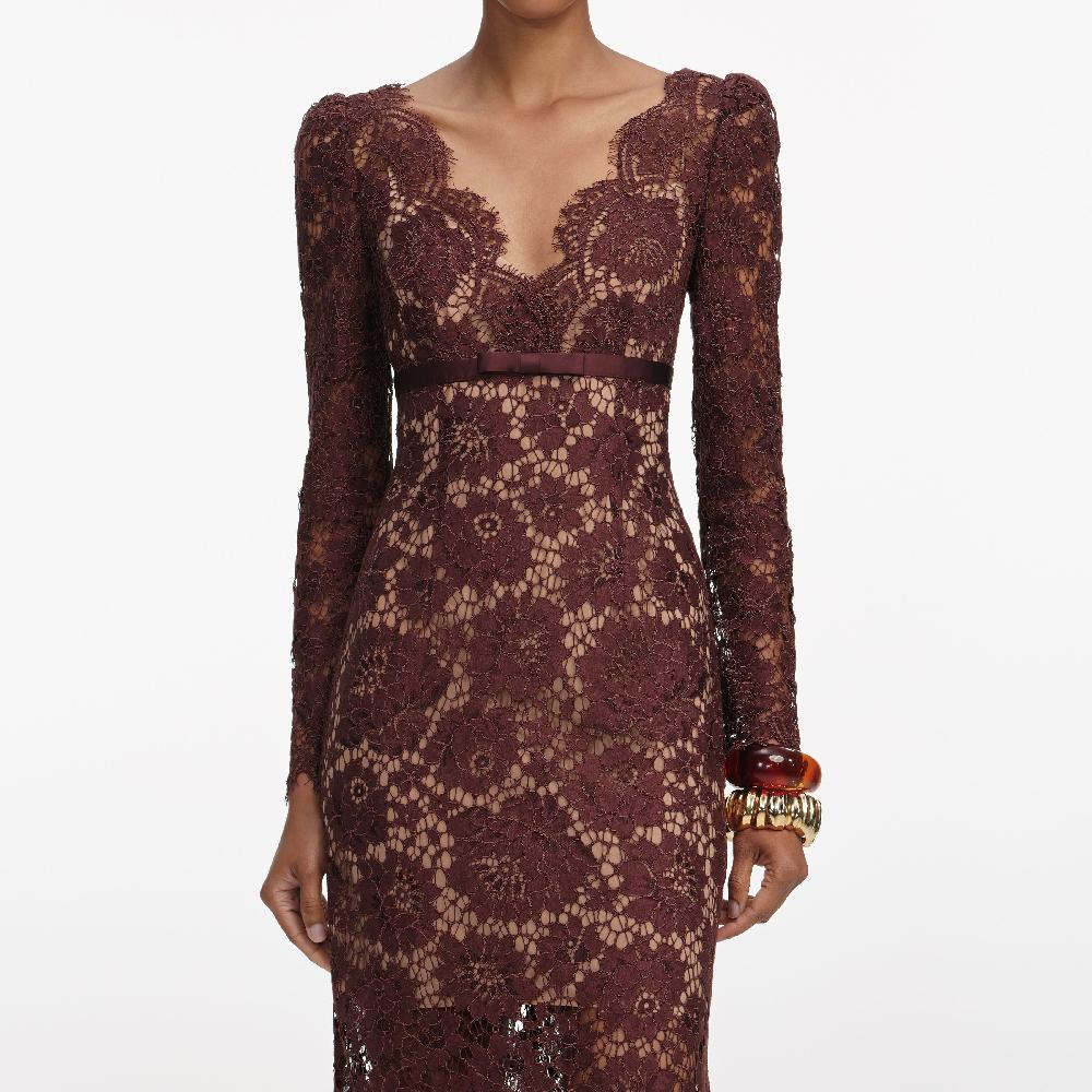 Self Portrait Brown Floral Lace Maxi Dress CLOTHING