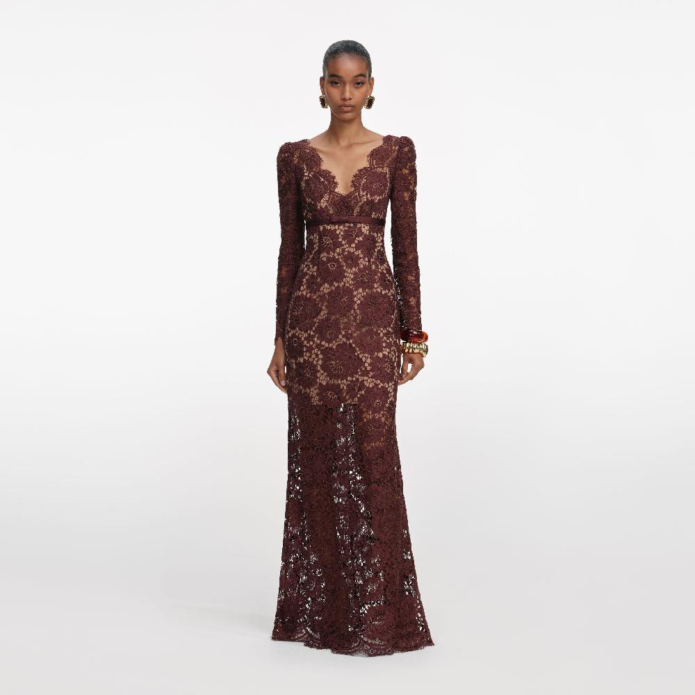 self portrait Brown Floral Lace Maxi Dress CLOTHING