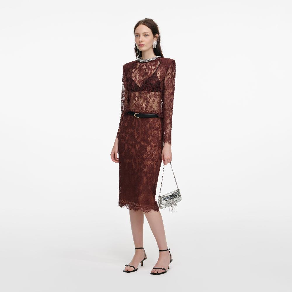 Self Portrait Brown Floral Lace Midi Skirt CLOTHING
