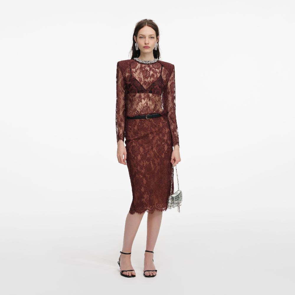 self portrait Brown Floral Lace Midi Skirt CLOTHING