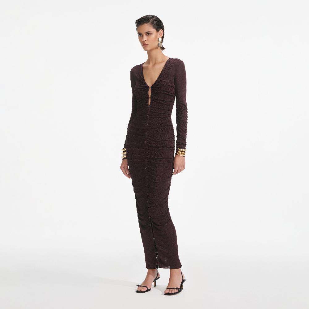 Self Portrait Brown Gathered Viscose Knit Midi Dress CLOTHING