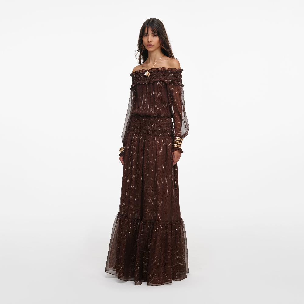 Self Portrait Brown Georgette Off Shoulder Maxi Dress CLOTHING
