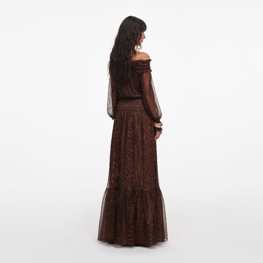 Self Portrait Brown Georgette Off Shoulder Maxi Dress CLOTHING