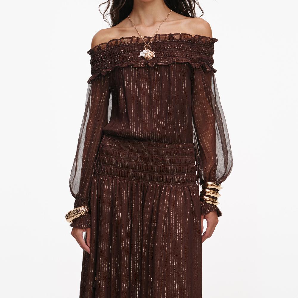 Self Portrait Brown Georgette Off Shoulder Maxi Dress CLOTHING