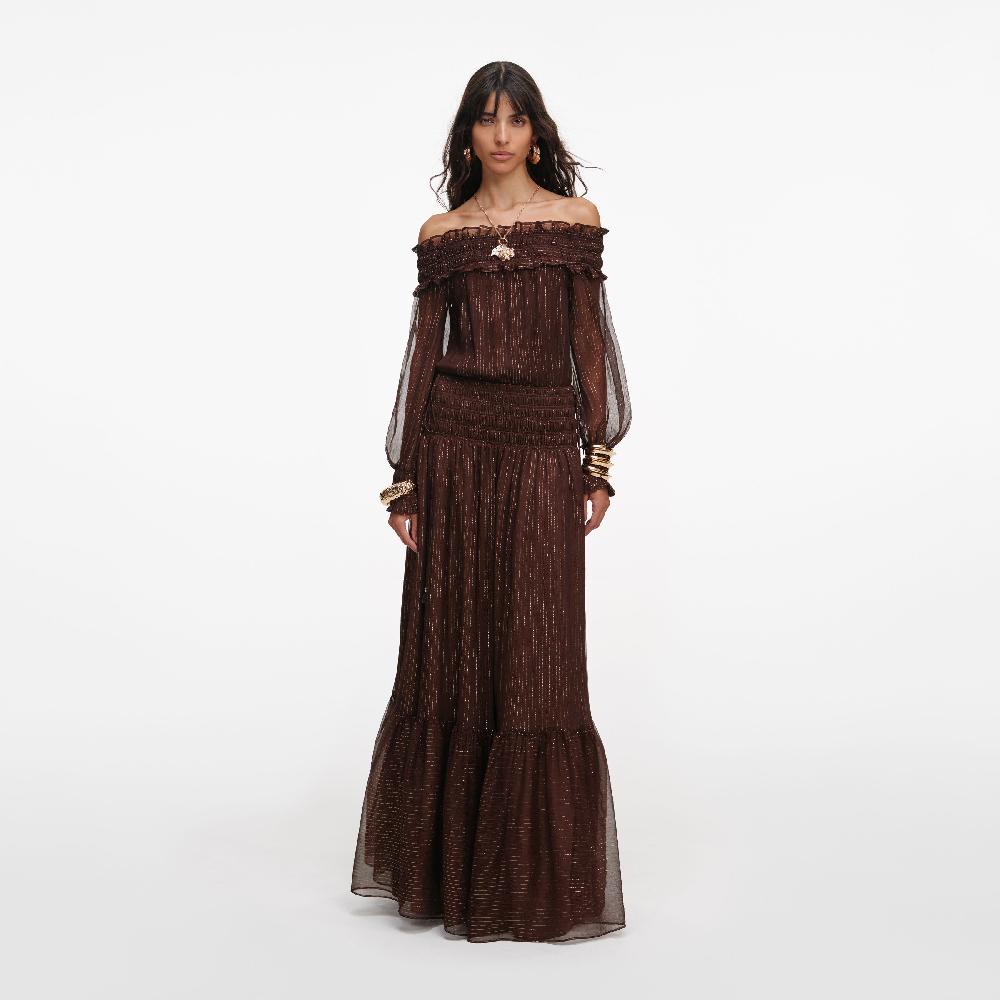 self portrait Brown Georgette Off Shoulder Maxi Dress CLOTHING