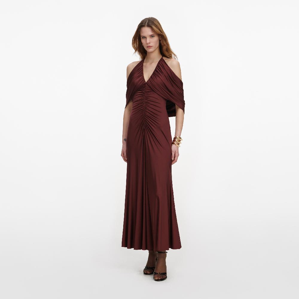 Self Portrait Brown Jersey Drape Midi Dress CLOTHING