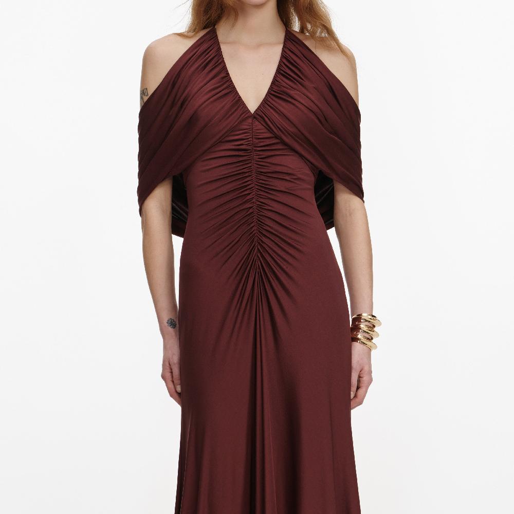 Self Portrait Brown Jersey Drape Midi Dress CLOTHING