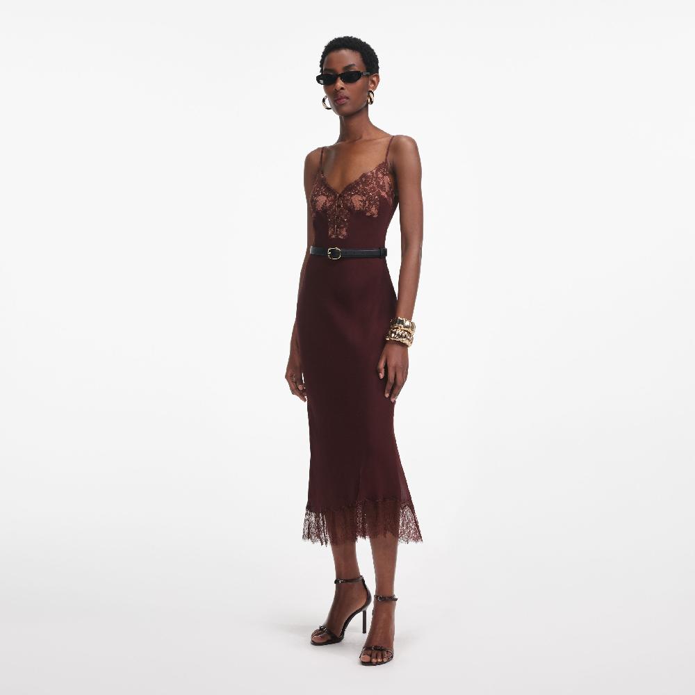 Self Portrait Brown Lace Insert Midi Dress CLOTHING