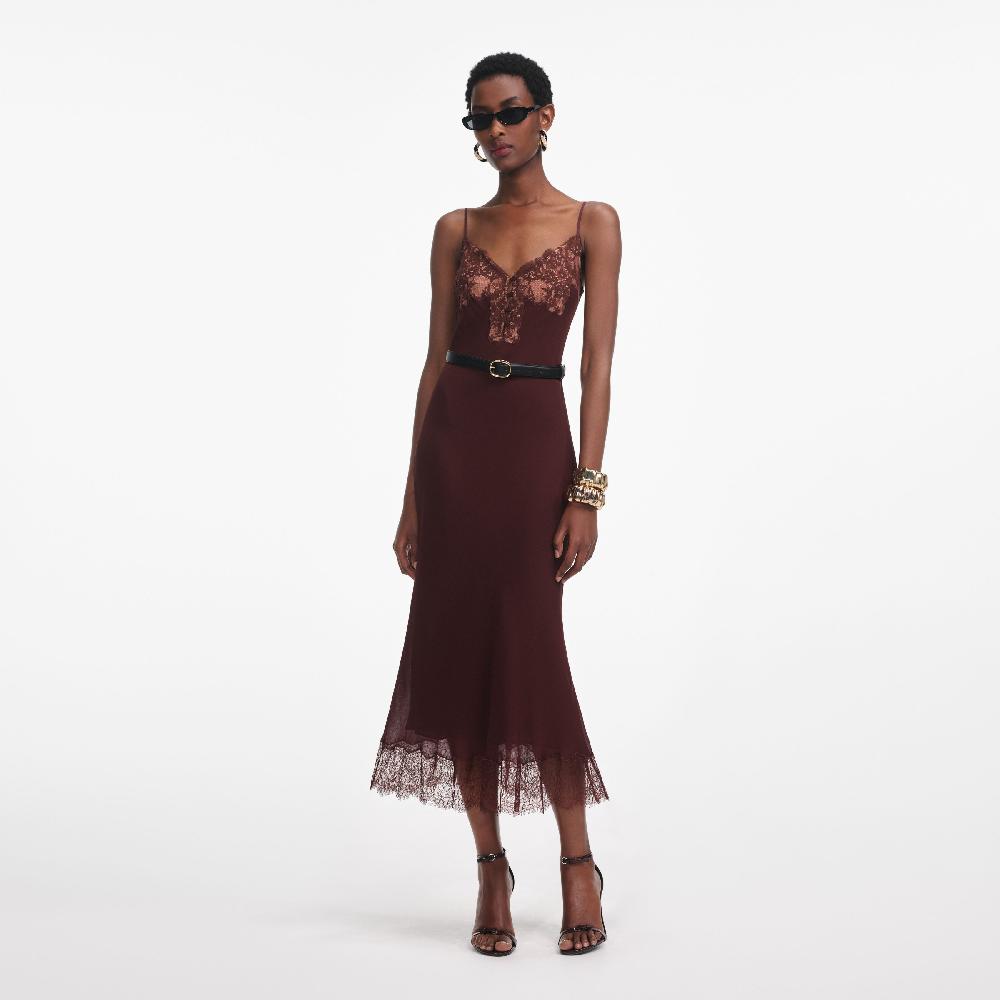 self portrait Brown Lace Insert Midi Dress CLOTHING