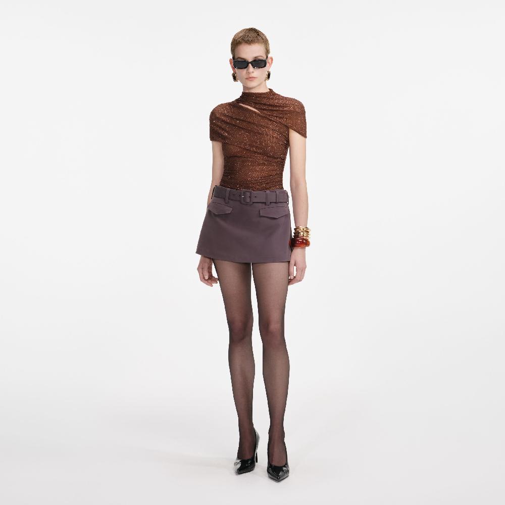 self portrait Brown Rhinestone Mesh Cut Out Top CLOTHING