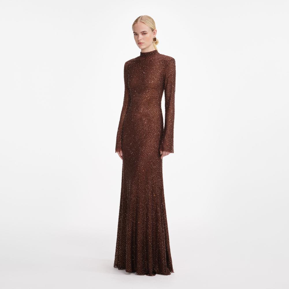 Self Portrait Brown Rhinestone Mesh Maxi Dress CLOTHING