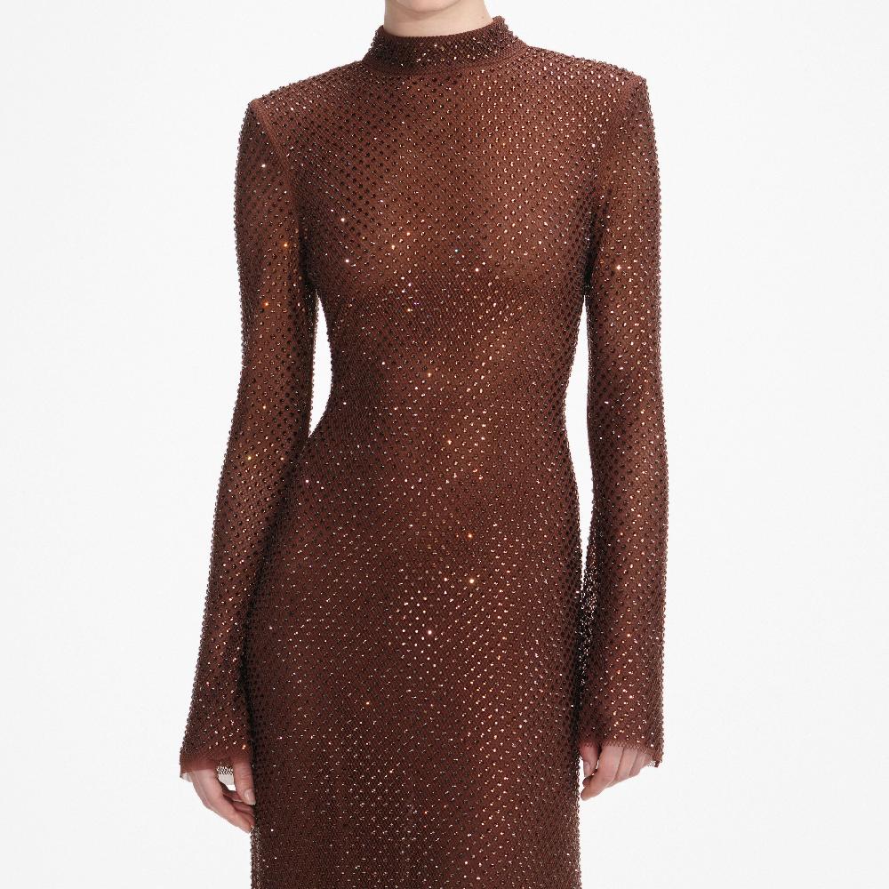 Self Portrait Brown Rhinestone Mesh Maxi Dress CLOTHING