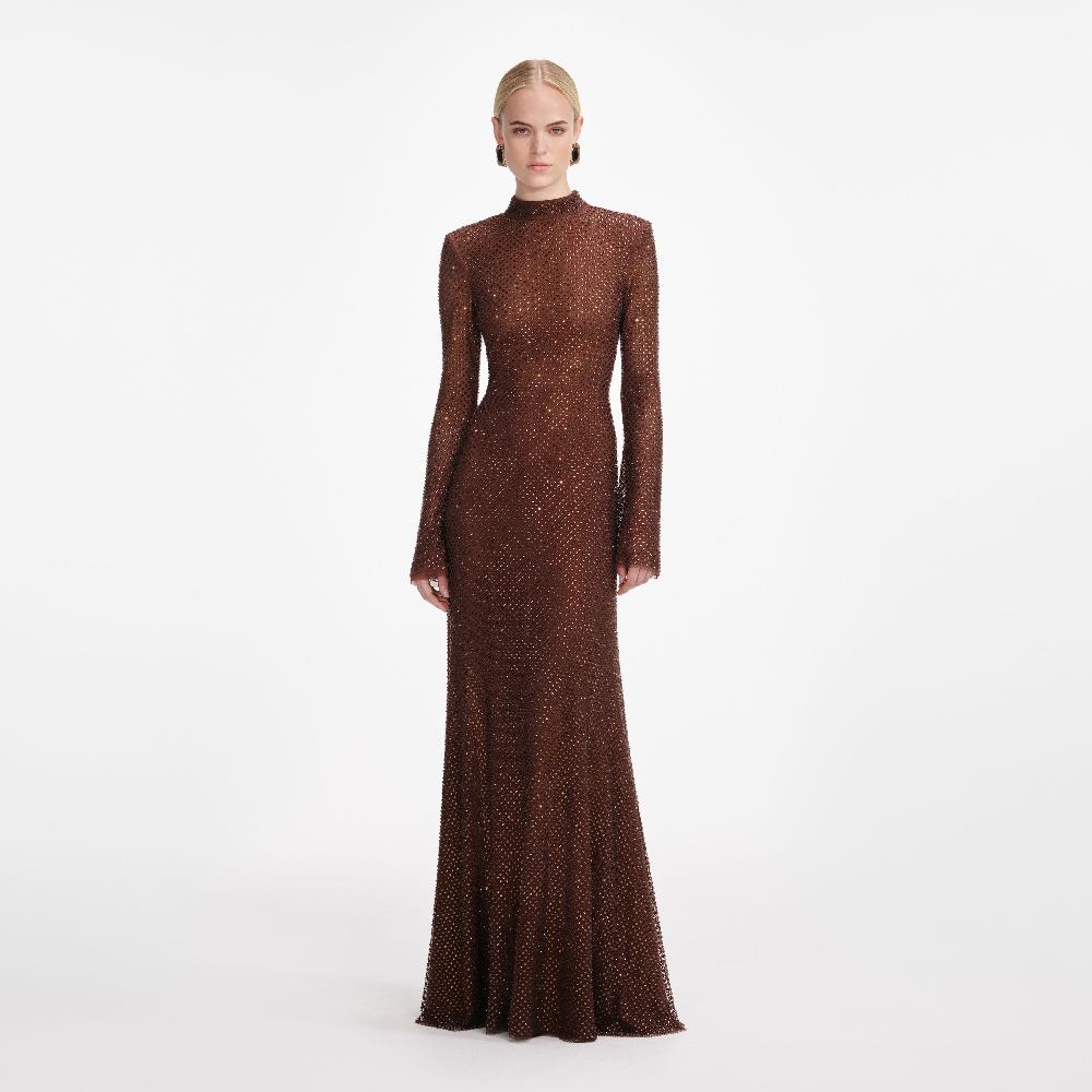 self portrait Brown Rhinestone Mesh Maxi Dress CLOTHING