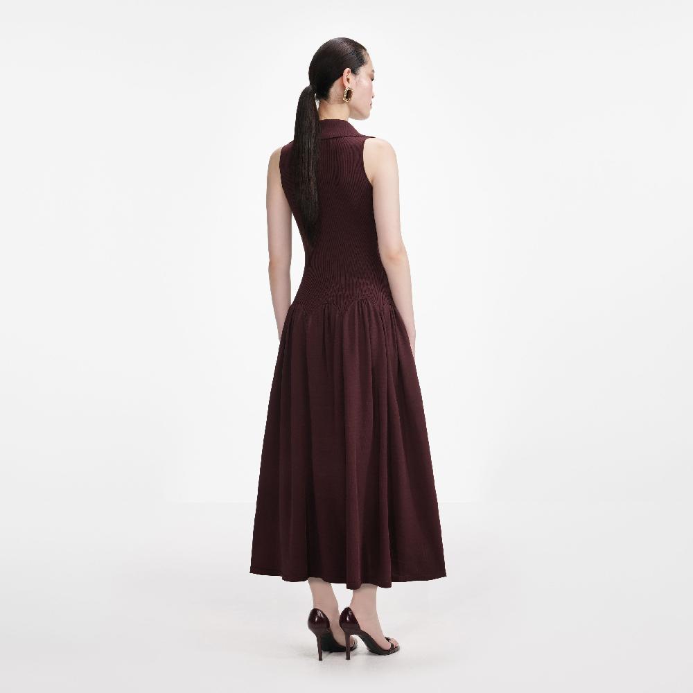 Self Portrait Brown Ribbed Knit Midi Dress CLOTHING