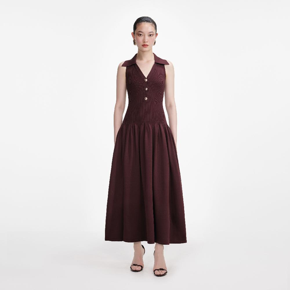 self portrait Brown Ribbed Knit Midi Dress CLOTHING