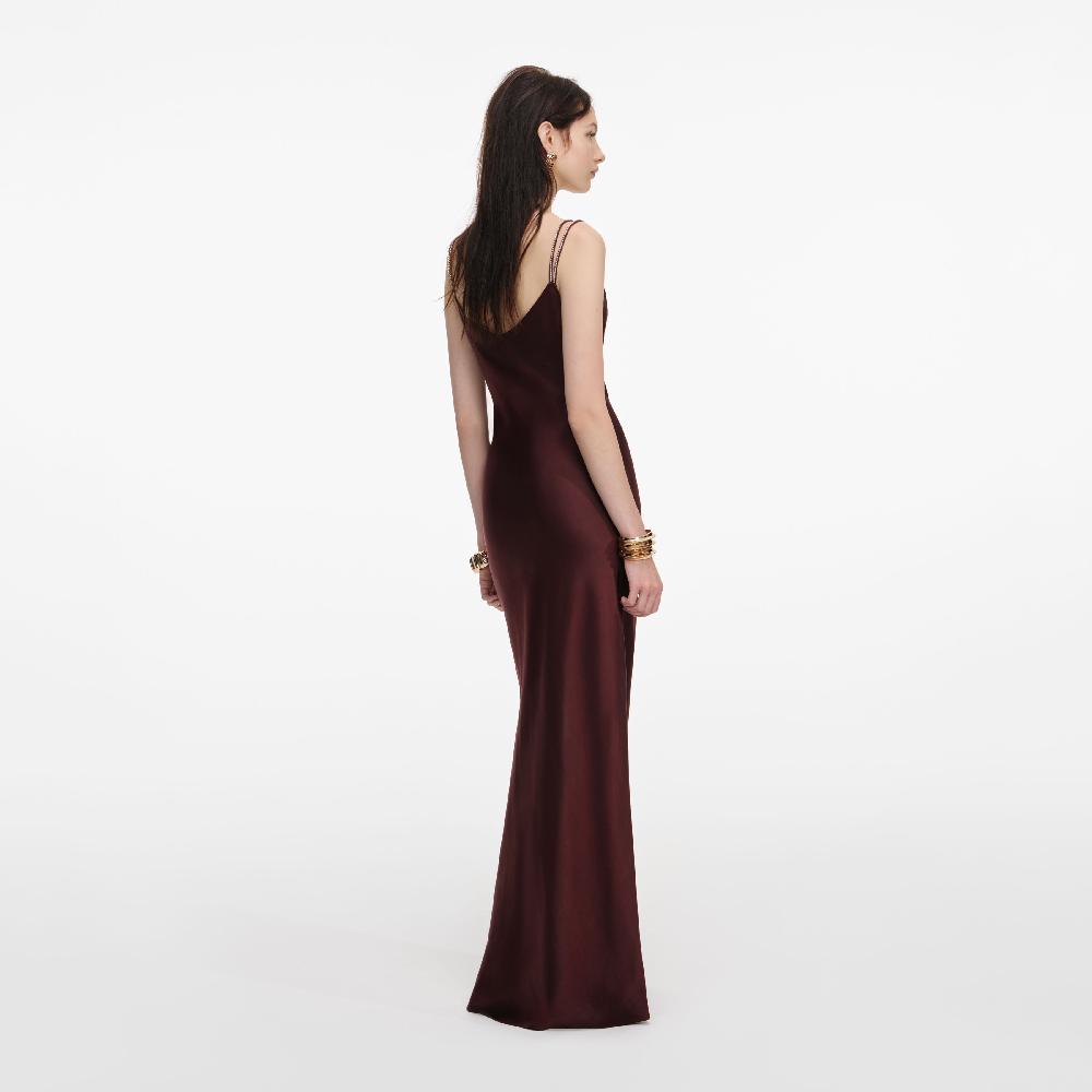 Self Portrait Brown Satin Diamante Maxi Dress CLOTHING