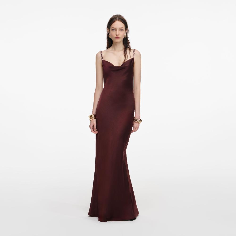 self portrait Brown Satin Diamante Maxi Dress CLOTHING
