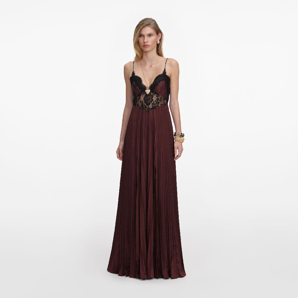 Self Portrait Brown Satin Lace Insert Maxi Dress CLOTHING