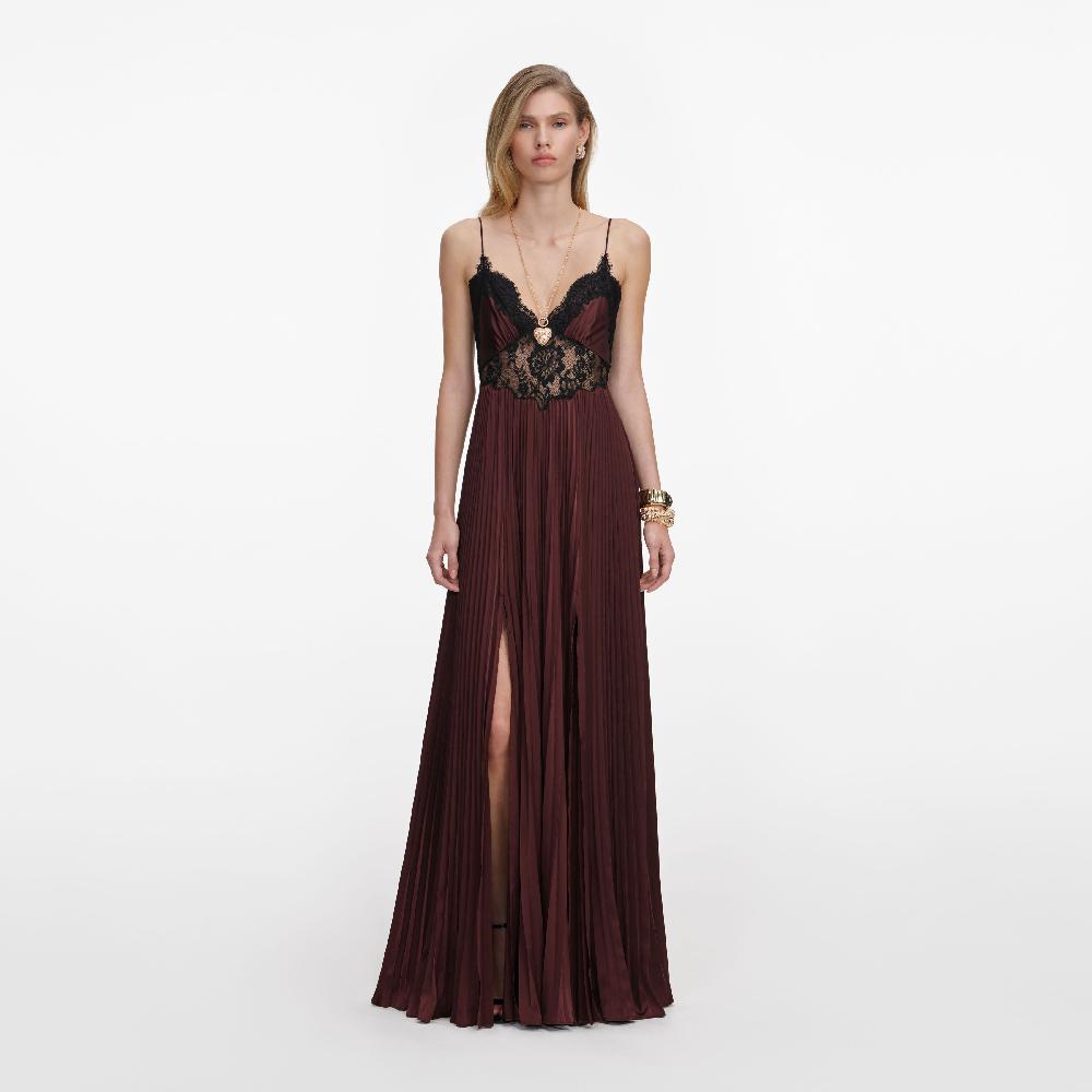 self portrait Brown Satin Lace Insert Maxi Dress CLOTHING