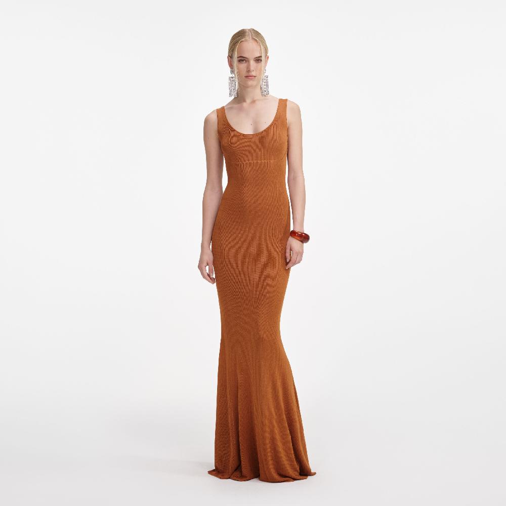 Self Portrait Brown Scoop Neck Viscose Knit Maxi Dress CLOTHING