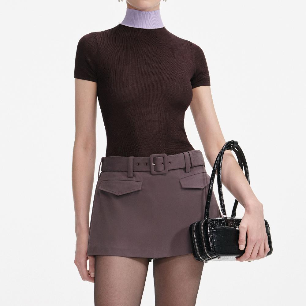 Self Portrait Brown Viscose Knit Short Sleeve Top CLOTHING