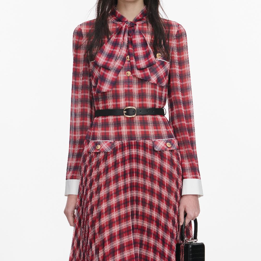 Self Portrait Burgundy Check Chiffon Midi Dress CLOTHING