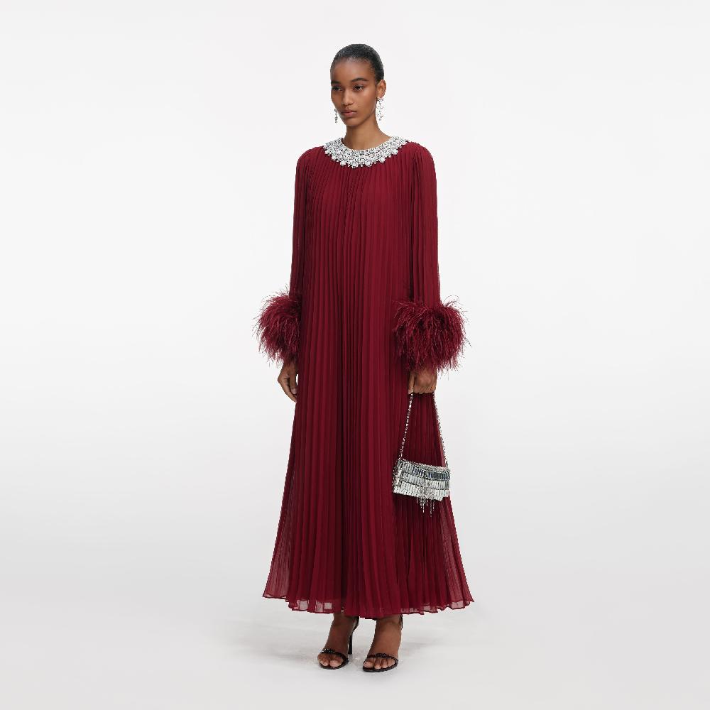 Self Portrait Burgundy Chiffon Feather Midi Dress CLOTHING