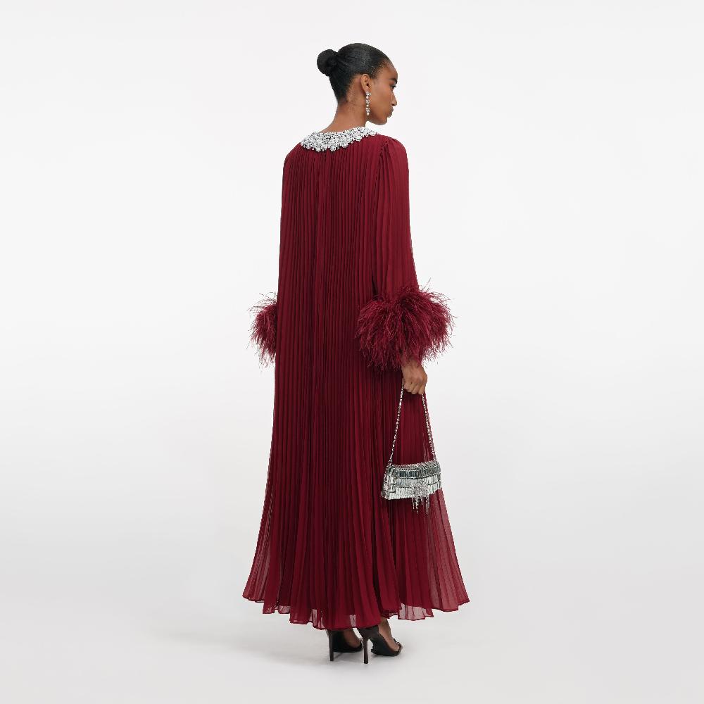 Self Portrait Burgundy Chiffon Feather Midi Dress CLOTHING