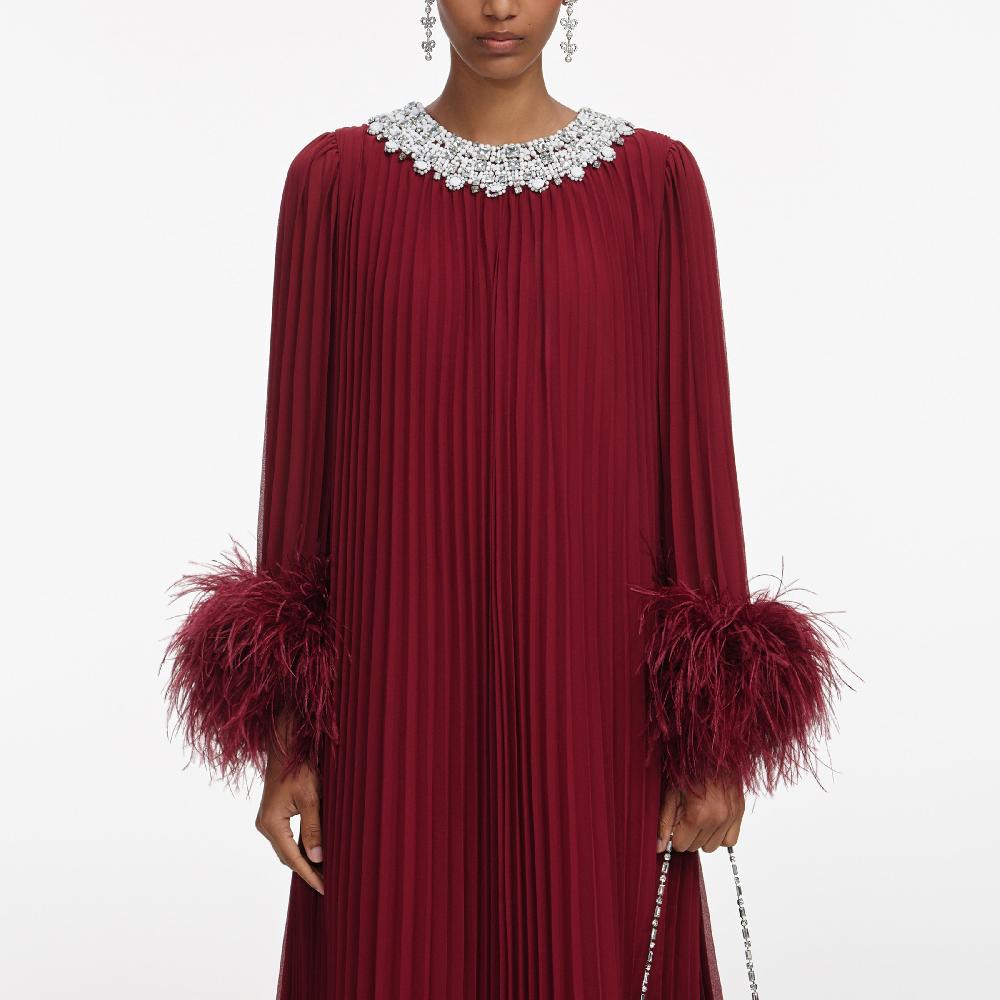 Self Portrait Burgundy Chiffon Feather Midi Dress CLOTHING