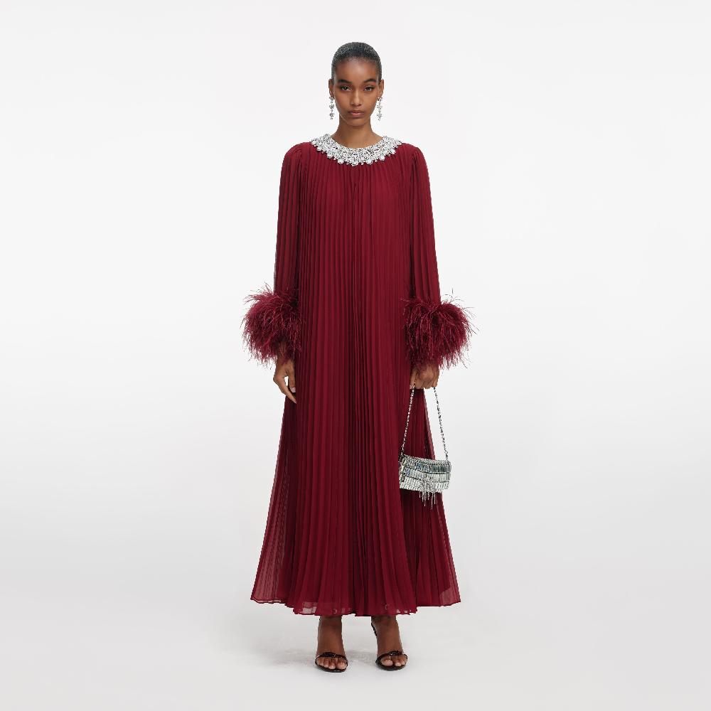 self portrait Burgundy Chiffon Feather Midi Dress CLOTHING