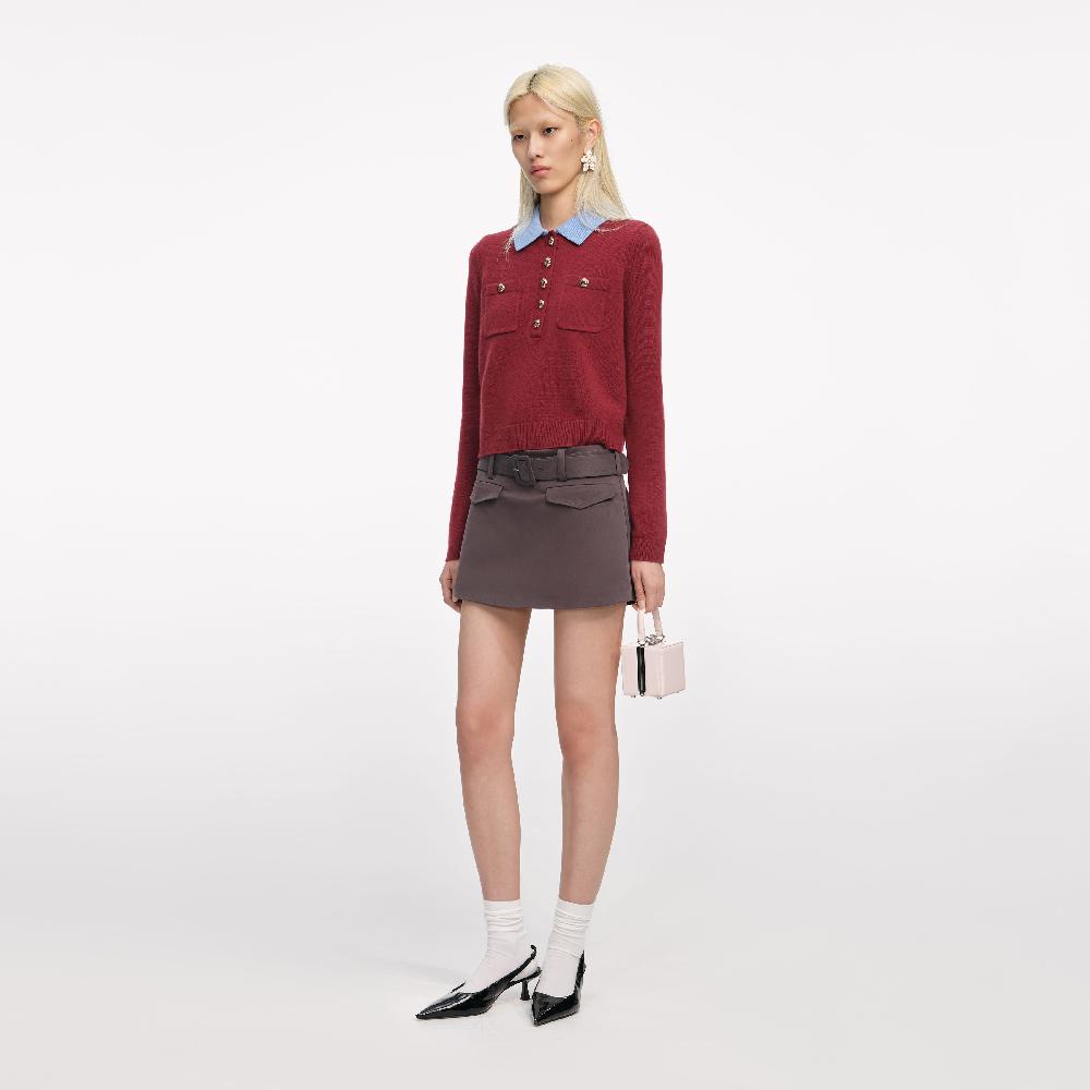 Self Portrait Burgundy Contrast Collar Knit Top CLOTHING